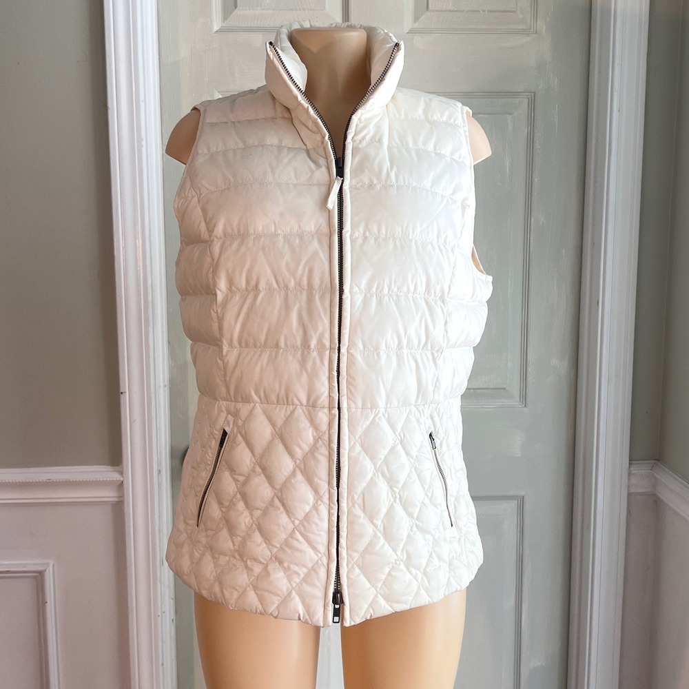 Talbots Puffer Vest L Womens Down Quilted Full Zip Stand Collar Cream Winter
